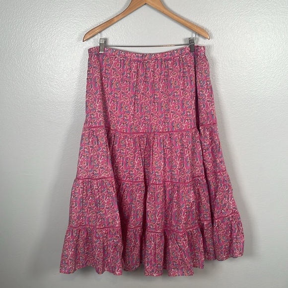 J. Crew pink floral block print tiered full lined cotton midi skirt size large - Picture 6 of 8